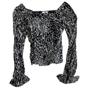 Ember Black and White Animal Print Balloon Sleeve Ruched Blouse